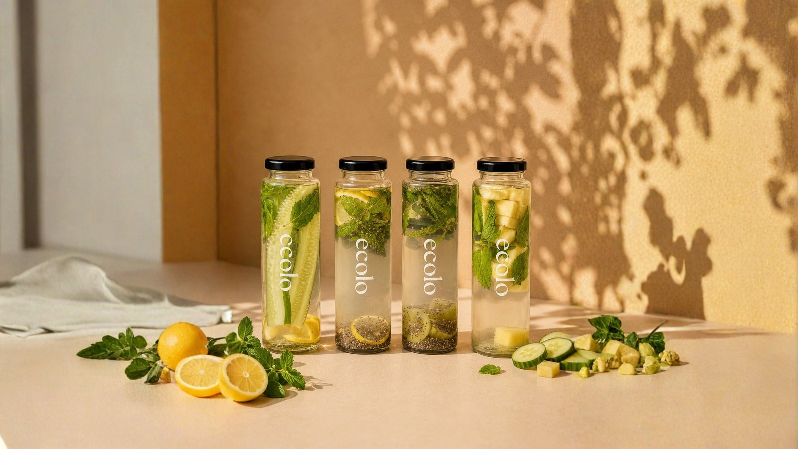 Four Ecolo detox drinks made with fresh ingredients